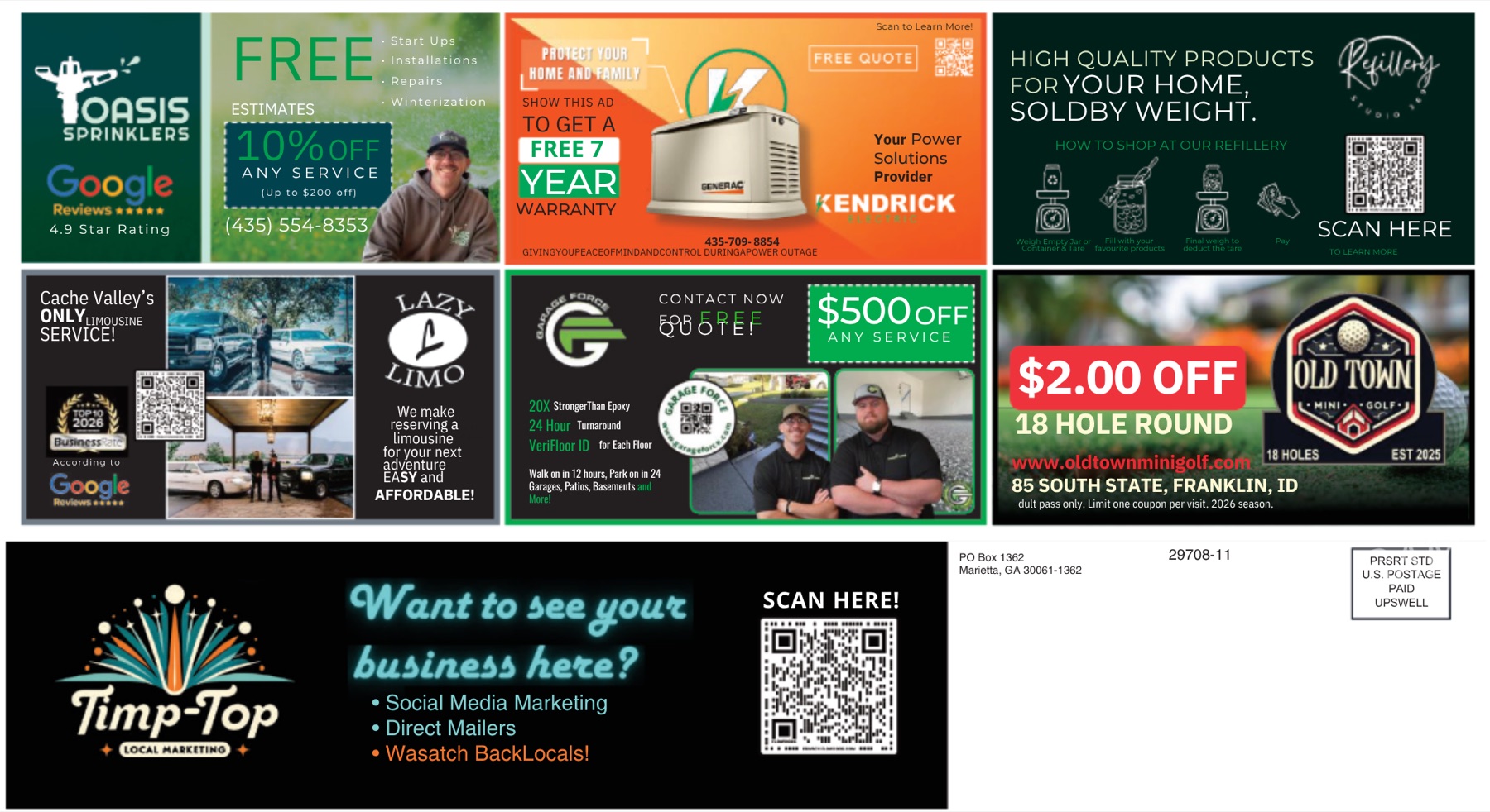 Front side of a printed Timp-Top co-op mailer with ten local business ads